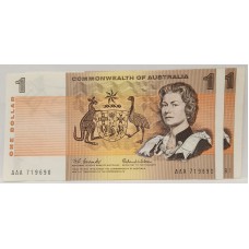 AUSTRALIA 1966 . ONE 1 DOLLAR BANKNOTES . COOMBS/WILSON . CONSEC PAIR . FIRST PREFIX AAA